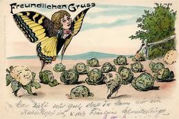 Schmetterling Kohl Personifiziert Lithographie 1900 I-II - Mariposas