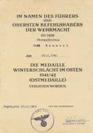 Verleihungsurkunde Die Medaille Winterschlacht Im Osten 1941/42 I-II (fleckig) - Oorlog 1939-45