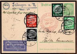 Zeppelin, 1934, Si.274Ba, 8.SAF, Anschlußflug Stuttgart, 9 Marken Auf 5 Pf Trauer-Postkarte (rs. 25 Pf Hindenburg Trauer - Dirigibili