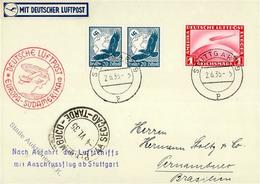 Zeppelin, 1935, Si.302Ba, 5.SAF, 3 Marken, K2 STUTTGART 2.6.35", Nachbringerflug Ab Stuttgart, Zeppelin-Karte Nach Perna - Luchtschepen