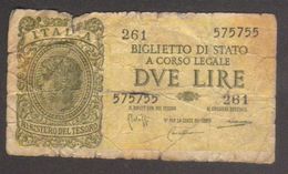 Biglietto Di Stato Da 2 Lire - Circolato - Pieghe E Strappi - W - Italië – 2 Lire