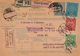 Österreich Kpl. Paketkarte 10h Mit Zusatzfrankatur Aus Wien Nach Constantinopel, Mit Verschiedenen Transit- Und Ank.-Ste - Verzamelingen (zonder Album)