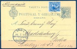 1899 , E.P. 34 , BARCELONA , ENTERO POSTAL CIRCULADO A CHARLOTTENBURGO , FRANQUEO COMPLEMENTARIO ED. 215 , LLEGADA - 1850-1931