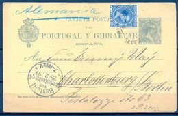 1899 , E.P. 34 , BARCELONA , ENTERO POSTAL CIRCULADO A CHARLOTTENBURGO , FRANQUEO COMPLEMENTARIO ED. 215 , LLEGADA - 1850-1931
