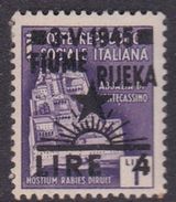 Italy-WW II Occupation-Yugoslavian Occupation Of Fiume,S15, 1945 4 Lire On 1 Lira Violet, MNH - Jugoslawische Bes.: Fiume