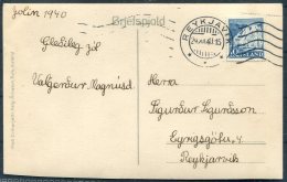 1940 (24/12) Iceland Reykholtsskolinn Postcard 10aur Dynjandi Waterfall Reykjavik Bridge Machine Cancel - Covers & Documents