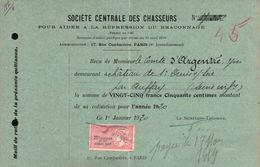 CARTE SOCIÉTÉ CENTRALE Des CHASSEURS 1920 à M Le COMTE D’ARGENTRÉ Au CHÂTEAU De St DENIS SUR SCIE - Sport & Tourismus