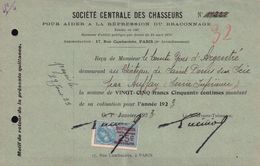 CARTE SOCIÉTÉ CENTRALE Des CHASSEURS 1923 à M Le COMTE D’ARGENTRÉ Au CHÂTEAU De St DENIS SUR SCIE - Sport & Tourismus