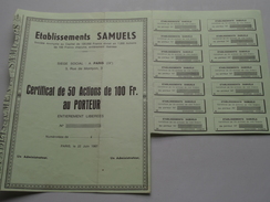 Ets. SAMUELS ( Paris ) Certificat De 50 Actions De 100 Francs Au Porteur - N° .... / 1967 ( Voir Photo Pour Detail )! - S - V