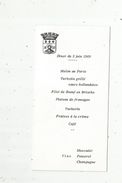 Menu , Diner Du 3 Juin 1969 - Menu