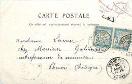 TAXE à THENON (24 - DORDOGNE) - Sur PAIRE DE CINQ CENTIMES BLEU - TAXE N° 28 - CIRCULE EN 1905 Provenance PARIS - 1859-1959 Brieven & Documenten