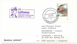 ALLEMAGNE - Carte Premier Vol Lufthansa LH 6432 Boeing 737 - HANNOVRE => MANCHESTER 1991 - Otros & Sin Clasificación