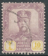 Johore (Malaysia). 1922-41 Sultan Sir Ibrahim. 10c Purple And Yellow Used. Mult Script CA W/M SG 112 - Johore