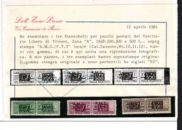 TRIESTE A  1947-48 SOPRAST:SU DUE RIGHE Pacchi Postali 12 Valori Con CERTIFICATO ENZO DIENA MNH** - Colis Postaux/concession