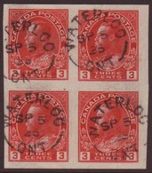 5675 1922-31 3c Carmine (Die 1), Geo V,  SG 261, Imperf Block Of 4 With Large Margins All Round, Bearing 4 X Waterloo On - Other & Unclassified