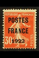 6081 PRECANCELS 1922 30c Orange With "POSTES FRANCE" Overprint, Yvert 38, Mint, Small Thins, Fresh Colour, Cat 1,200 Eur - Other & Unclassified