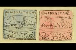 6320 1861 HAND PAINTED STAMPS Unique Miniature Artworks Created By A French "Timbrophile" In 1861. Two "essays" Depictin - Gibraltar