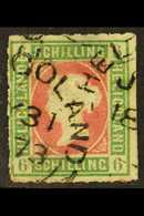 6443 1867-8 6sch Green & Rose, Rouletted, SG 4, Used, Small Thin, Cat.£275. For More Images, Please Visit Http://www.san - Heligoland (1867-1890)