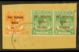 7065 PENANG 1942 2c Orange And 3c Green Pair Ovptd "Dai Nippon 2602 Penang", SG J78, J79, Superb Tied To Piece By Japane - Other & Unclassified