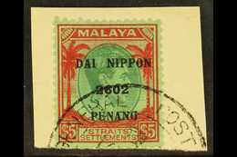 7068 PENANG 1942 $5 Green And Red On Emerald Overprinted "Dai Nippon 2602 Penang", SG J89, Superb Used On Piece. Scarce  - Other & Unclassified