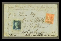 7080 1863 COVER TO LONDON Bearing Great Britain 2d Blue, Plate 9, Plus 1862-64 4d (this With Fault), These Tied By "MALT - Malta (...-1964)