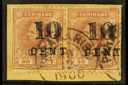 7276 SURINAM 1898 10c On 30cent Lilac Brown, Horizontal Pair, Variety "double Overprint", NVPH 33fa, Fine Used On Piece. - Other & Unclassified