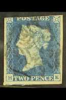 8269 1840 2d Pale Blue 'HE' Plate 2, SG 6, Used With 3 Good To Large Margins Showing Portion Of Adjoining Stamp At Base. - Other & Unclassified