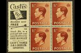 8367 BOOKLET PANES WITH ADVERTISING LABELS 1½d Red Brown Booklet Panes Of 4 With 2 Advertising Labels (Cash's), SG Spec. - Unclassified