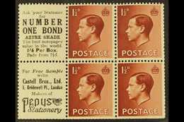 8368 BOOKLET PANES WITH ADVERTISING LABELS 1½d Red Brown Booklet Panes Of 4 With 2 Advertising Labels (Number One Bond), - Unclassified