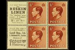 8369 BOOKLET PANES WITH ADVERTISING LABELS 1½d Red Brown Booklet Panes Of 4 With 2 Advertising Labels (Ruskin Linen),  S - Unclassified