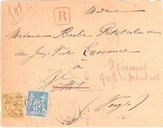 4216 MIRECOURT Vosges Lettre Recommandée Sage 15 C Bleu 25c Jaune Yv 90 92 Réexpéditions Verso Vittel Décédé  Ob 1884 - 1876-1898 Sage (Type II)