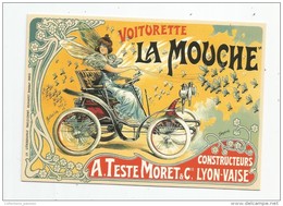 Cp , Collection LES ANCÊTRES DE L'AUTOMOBILE , Vierge  , VOITURETTE LA MOUCHE , A. Teste Moret & Cie , Lyon-Vaise - Turismo