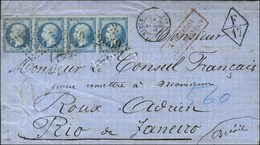 GC 2659 / N° 22 (bande De 4, 1 Ex. Def) Càd T 15 NIMES (29) Sur Lettre Insuffisamment Affranchie Pour Rio De Janeiro, Au - 1862 Napoléon III.