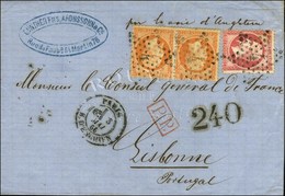 Etoile 4 / N° 23 Paire + 24 Càd PARIS / R. D'ENGHIEN Sur Lettre 2 Ports (voie Anglaise) Pour Lisbonne. Taxe Tampon 240 à - 1862 Napoléon III.