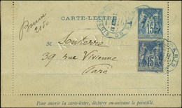 Càd Ondulé Bleu PARIS-50 / RUE St DENIS / Entier 15c. + N° 90 Sur Carte-lettre Ouverte Circulant Dans Le Réseau Pneumati - 1876-1878 Sage (Type I)