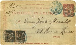 Càd Bleu PARIS-96 / GRAND HÔTEL / 50c. Télégraphe + 97 Paire Sur Enveloppe Pneumatique 2 Ports Utilisant Le Service Pneu - 1876-1878 Sage (Type I)