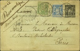 Càd Télégraphique PARIS 69 / AV D'ORLEANS / T / Entier 10c. + N° 90 + 106 Sur Carte Pneumatique Pour Le Receveur Du Bure - 1876-1878 Sage (Type I)