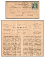 GC 347 / N° 29 Càd PARIS / LES BATIGNOLLES 7 NOV. 70 Sur Ballon Poste N° 1 (saumon) Pour Sillé Le Guillaume, Càd D’arriv - Guerre De 1870