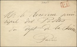 Lettre En Franchise (P.P. Rouge Encadré) Pour Le Receveur Principal Des Postes, Au Verso Càd RC PARIS RC (60) 3 AVRIL 71 - War 1870