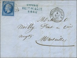 PC 1896 / N° 14 (pli) Càd PHILIPPEVILLE / BAT (A VA)P Au Recto Griffe Bleue De Paquebot VAPEUR / VILLE DE BÔNE / BÔNE. 1 - Schiffspost