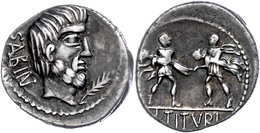 36 L. Titurius L.f. Sabinus, Denar (3,91g), 89 V. Chr., Rom. Av: Tatiuskopf Nach Rechts, Rechts Palmzweig, Links "SABIN" - République (-280 à -27)