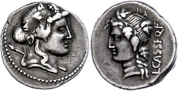 43 L. Cassius Longinus, Denar (3,97g), 78 V. Chr., Rom. Av: Kopf Des Liber Mit Efeukranz Und Thyrsusstab Nach Rechts. Re - République (-280 à -27)