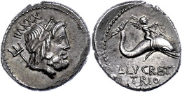 49 L. Lucretius Trio, Denar (3,74g), 76 V. Chr., Rom. Av: Neptunkopf Nach Rechts, Dahinter Dreizack Und Kontrollziffer.  - République (-280 à -27)