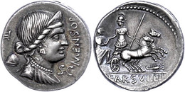 52 L. Farsuleius Mansor, Denar (3,95g), 75 V. Chr., Rom. Av: Libertasbüste Nach Rechts, Dahinter Pileus Und Kontrollmark - République (-280 à -27)