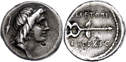 57 M. Plaetorius M. F. Cestianus, Denar (4,31g), 69 V. Chr., Rom. Av: Männlicher Kopf Nach Rechts, Dahinter Beizeichen.  - République (-280 à -27)