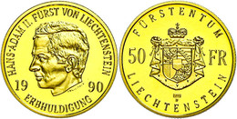1133 50 Franken, Gold, 1990, Hans Adam II. Zur Erbhuldigung, 900er Gold, 10 G, Fb. 25, KM 23, In Kapsel, PP.  PP - Liechtenstein