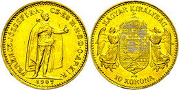 1434 10 Korona, Gold, 1907 K-B, Wappen, Klebespur, Berieben, Vz Aus PP., Katalog: Fb. 252 - Hongrie