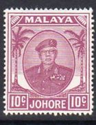 Malaya Johore 1949-55 Sultan Sir Ibrahim 10c Magenta Definitive, Hinged Mint, SG 139 - Johore