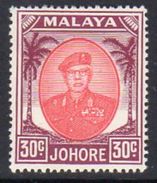 Malaya Johore 1949-55 Sultan Sir Ibrahim 30c Scarlet & Purple Definitive, Hinged Mint, SG 142a - Johore