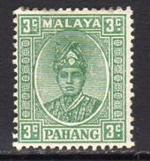 Malaya Pahang 1935-41 Sultan Sir Abu Bakar 3c Green Ordinary Paper Definitive, Hinged Mint, SG 31 - Pahang